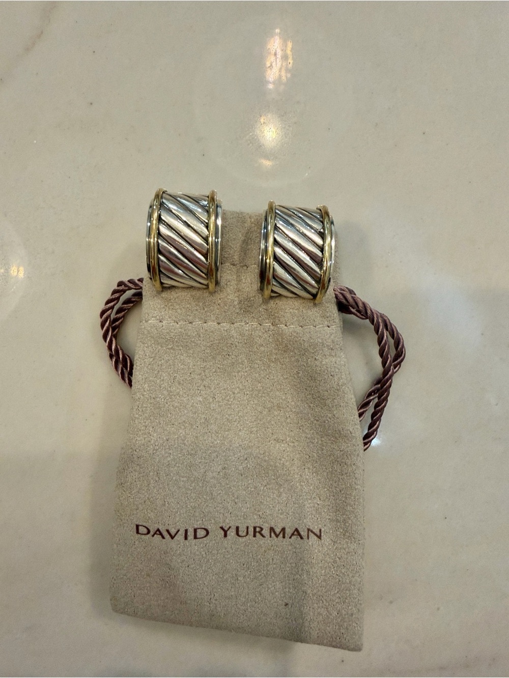 David Yurman Two-Tone Cable Cigar Cuff Band Earrings - Silver & Gold - Picture 2 of 4